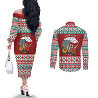 Shaka Sign Skull Mele Kalikimaka Personalized Couples Matching Off The Shoulder Long Sleeve Dress and Long Sleeve Button Shirt Hawaiian Quilt Pattern - Polynesian Pride