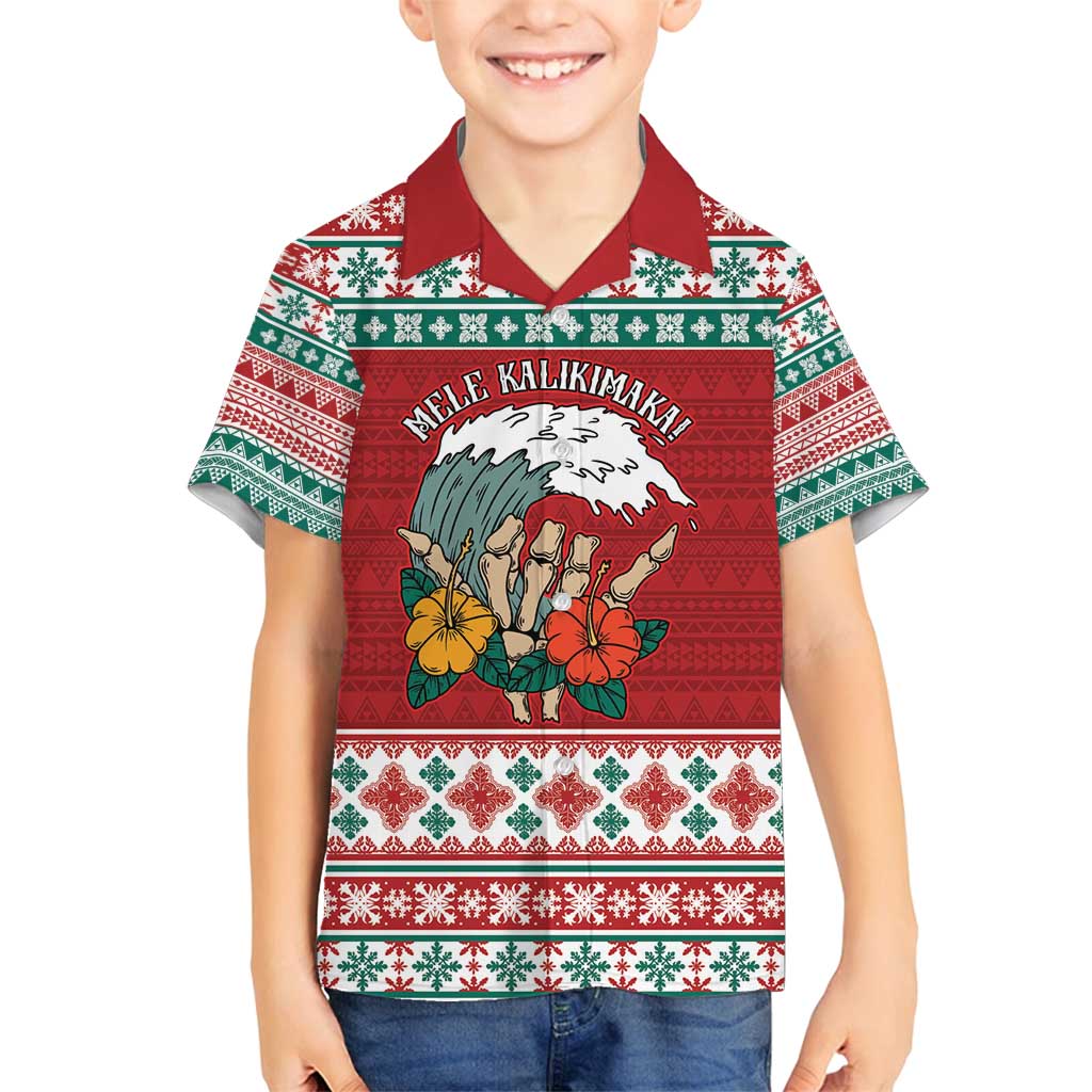 Shaka Sign Skull Mele Kalikimaka Personalized Family Matching Long Sleeve Bodycon Dress and Hawaiian Shirt Hawaiian Quilt Pattern LT9 Son's Shirt Red - Polynesian Pride