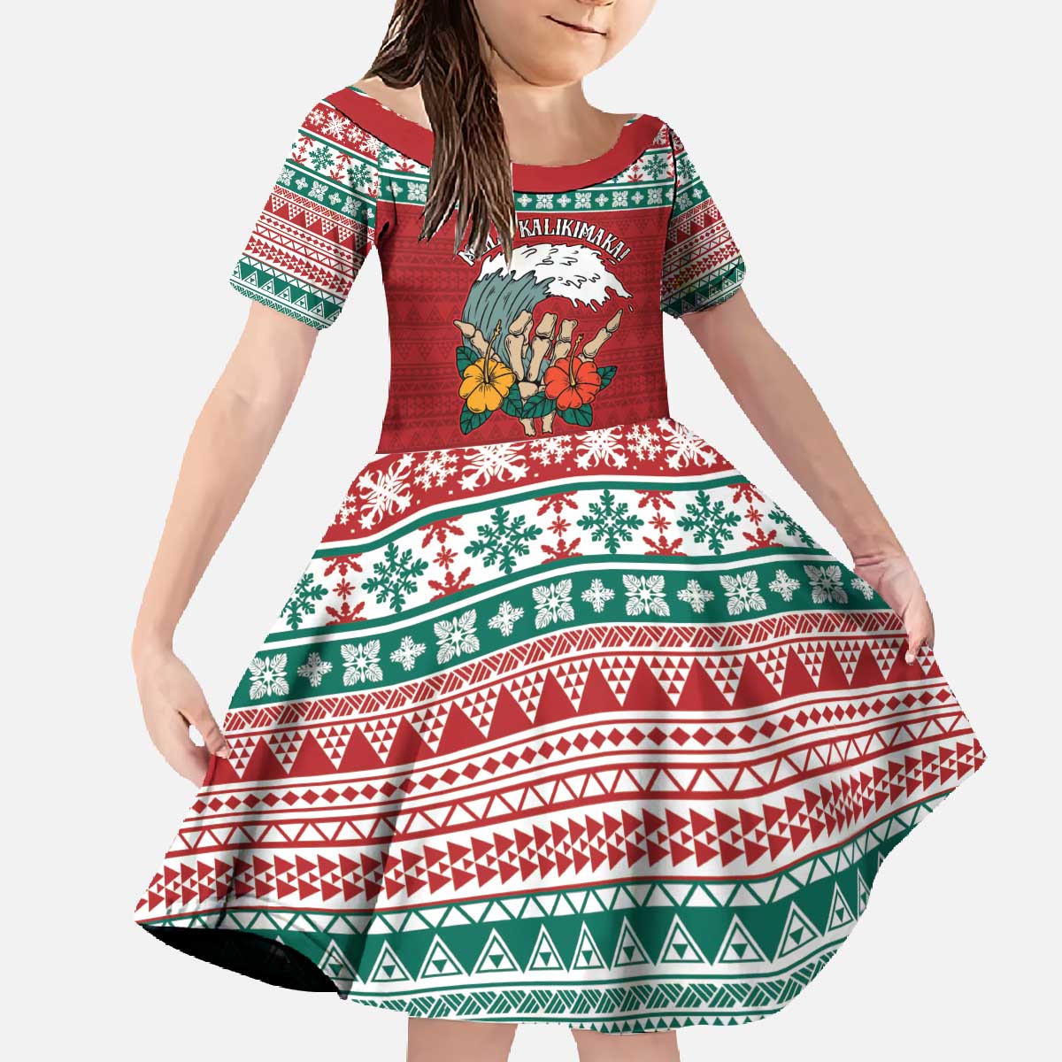 Shaka Sign Skull Mele Kalikimaka Personalized Family Matching Off The Shoulder Long Sleeve Dress and Hawaiian Shirt Hawaiian Quilt Pattern LT9 Daughter's Dress Red - Polynesian Pride