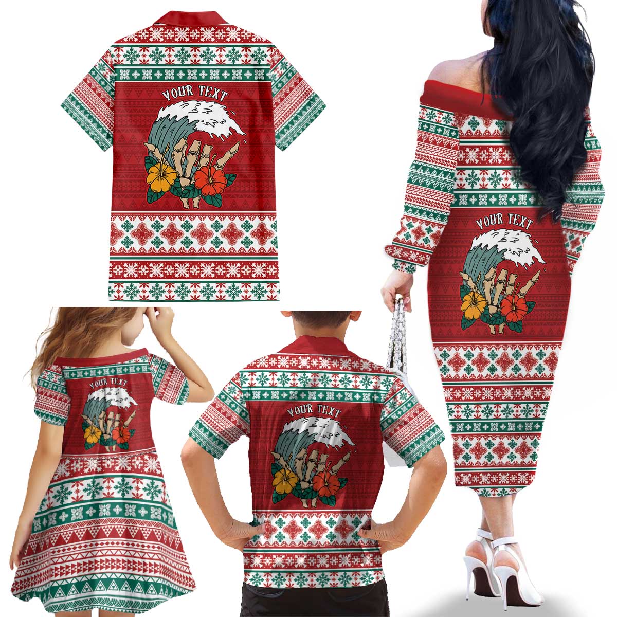 Shaka Sign Skull Mele Kalikimaka Personalized Family Matching Off The Shoulder Long Sleeve Dress and Hawaiian Shirt Hawaiian Quilt Pattern LT9 - Polynesian Pride
