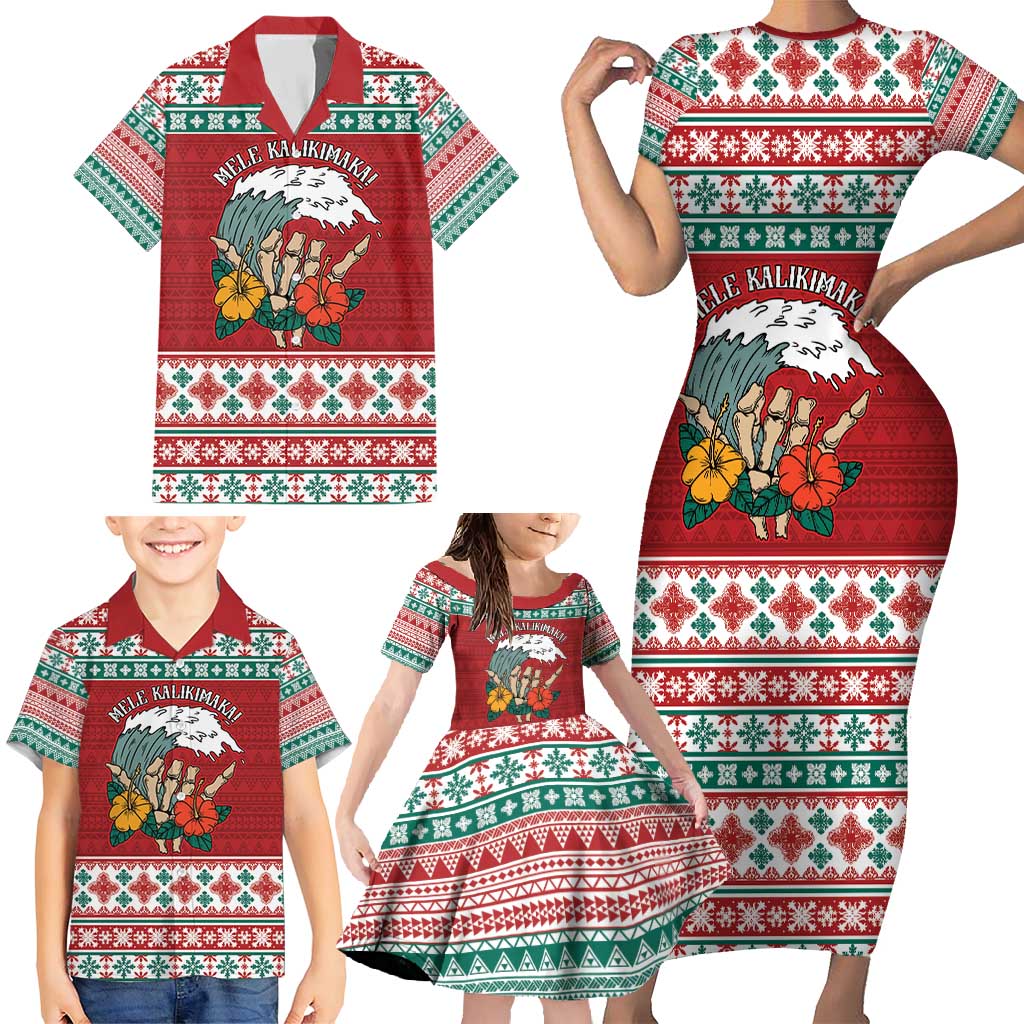 Shaka Sign Skull Mele Kalikimaka Personalized Family Matching Short Sleeve Bodycon Dress and Hawaiian Shirt Hawaiian Quilt Pattern LT9 - Polynesian Pride