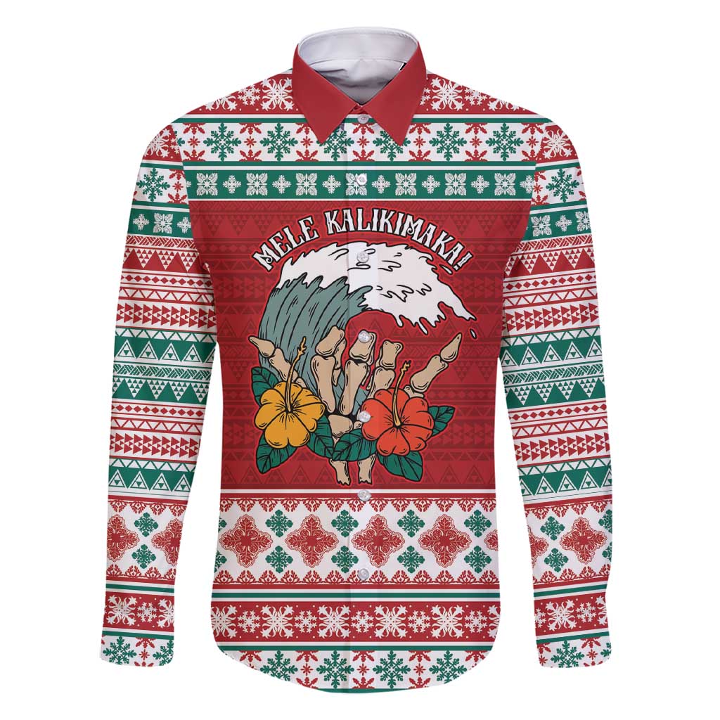 Shaka Sign Skull Mele Kalikimaka Personalized Family Matching Short Sleeve Bodycon Dress and Hawaiian Shirt Hawaiian Quilt Pattern LT9 Dad's Shirt - Long Sleeve Red - Polynesian Pride