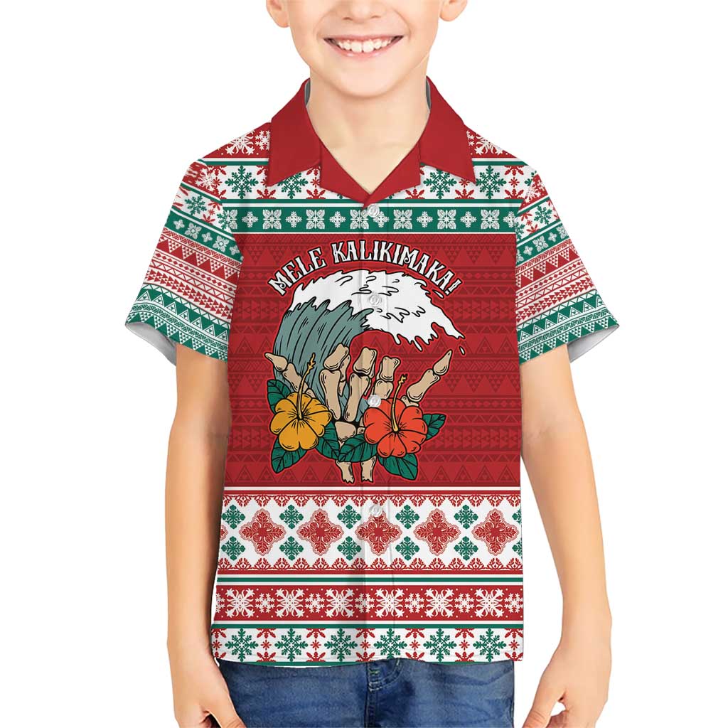 Shaka Sign Skull Mele Kalikimaka Personalized Family Matching Short Sleeve Bodycon Dress and Hawaiian Shirt Hawaiian Quilt Pattern LT9 Son's Shirt Red - Polynesian Pride