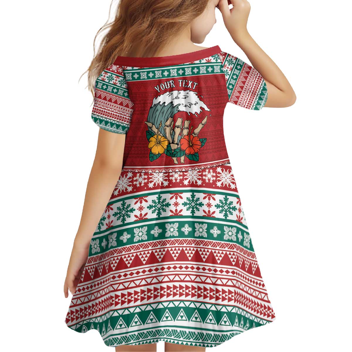 Shaka Sign Skull Mele Kalikimaka Personalized Kid Short Sleeve Dress Hawaiian Quilt Pattern - Polynesian Pride