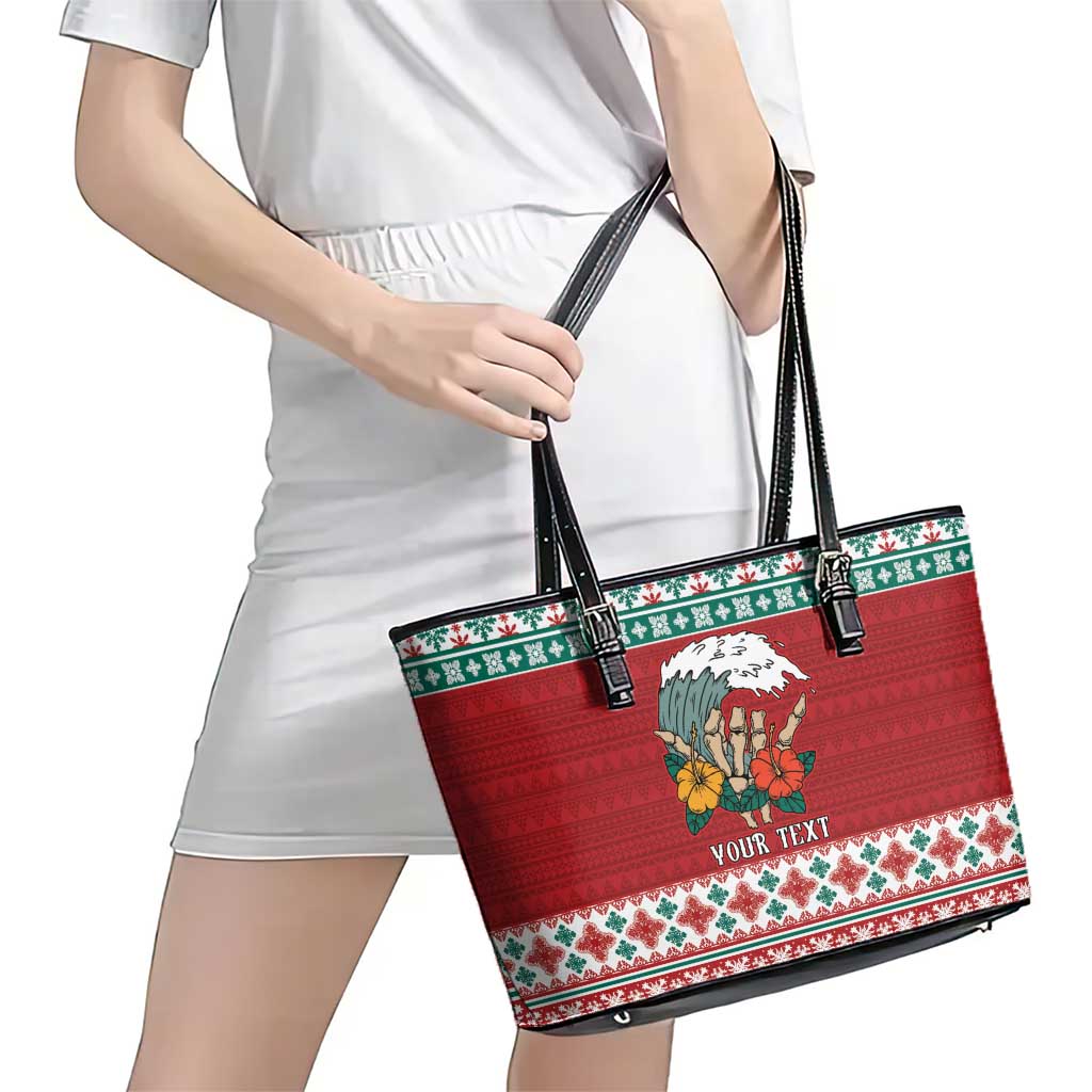 Shaka Sign Skull Mele Kalikimaka Personalized Leather Tote Bag Hawaiian Quilt Pattern - Polynesian Pride