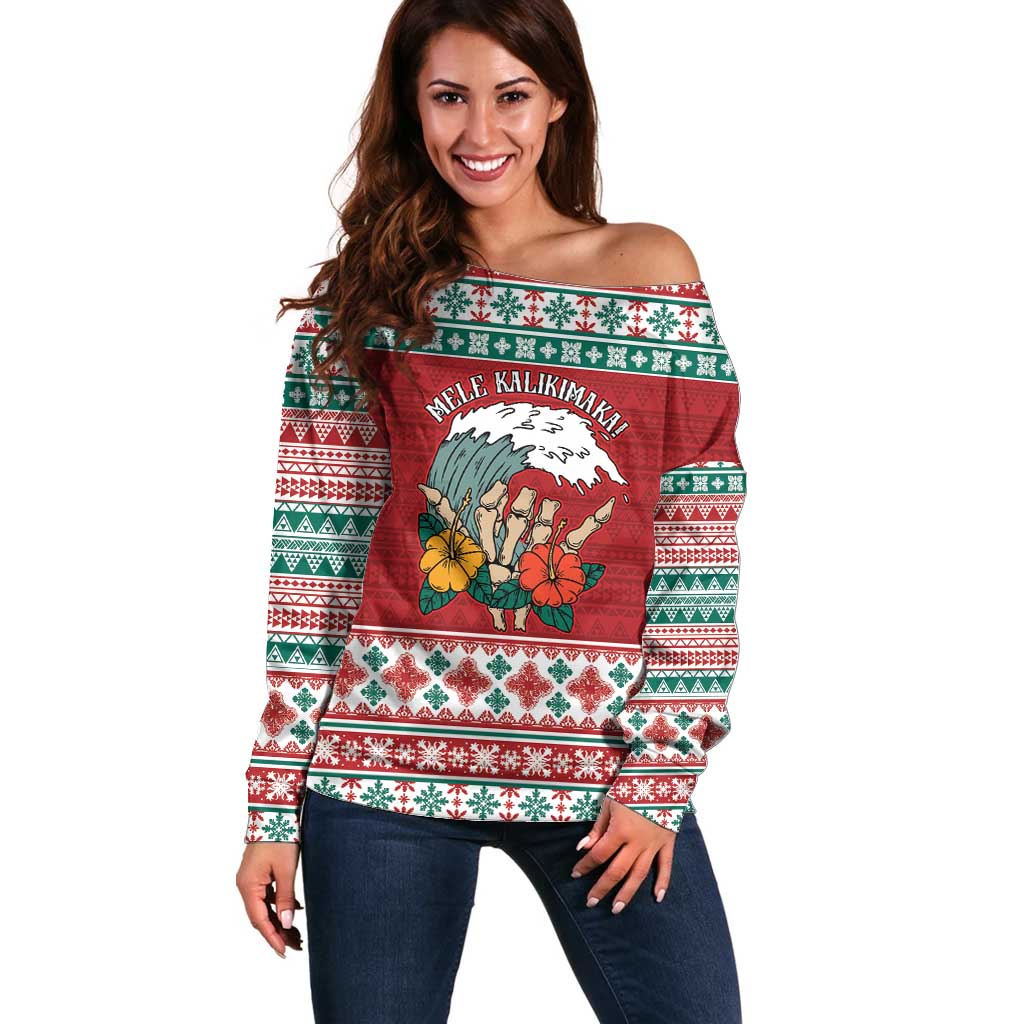 Shaka Sign Skull Mele Kalikimaka Personalized Off Shoulder Sweater Hawaiian Quilt Pattern - Polynesian Pride