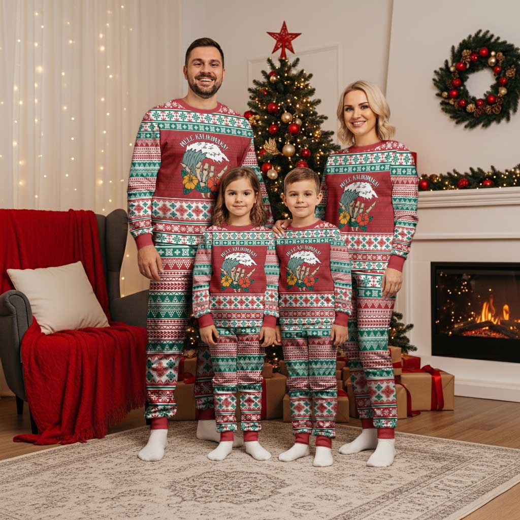 Shaka Sign Skull Mele Kalikimaka Personalized Christmas Pajama Set Hawaiian Quilt Pattern - Polynesian Pride