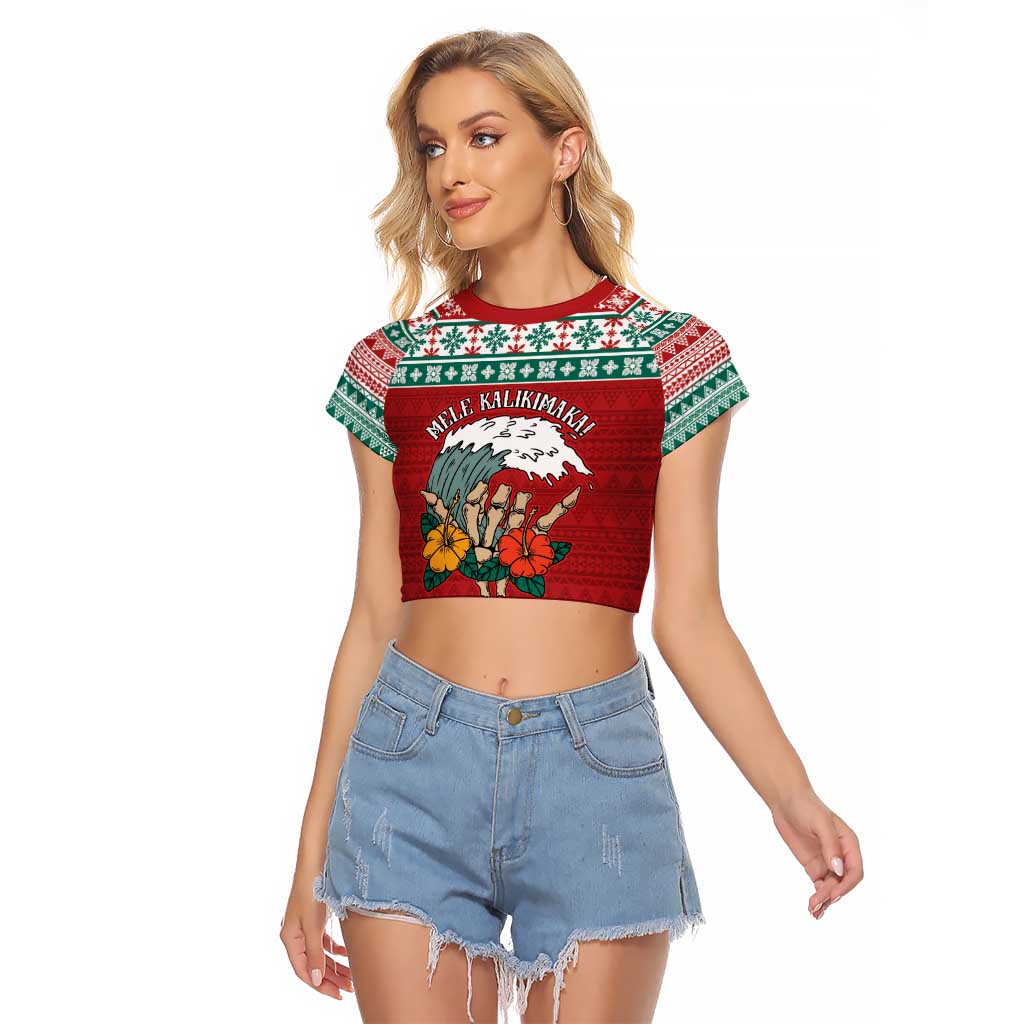 Shaka Sign Skull Mele Kalikimaka Personalized Raglan Cropped T Shirt Hawaiian Quilt Pattern - Polynesian Pride