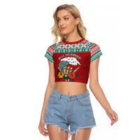 Shaka Sign Skull Mele Kalikimaka Personalized Raglan Cropped T Shirt Hawaiian Quilt Pattern - Polynesian Pride
