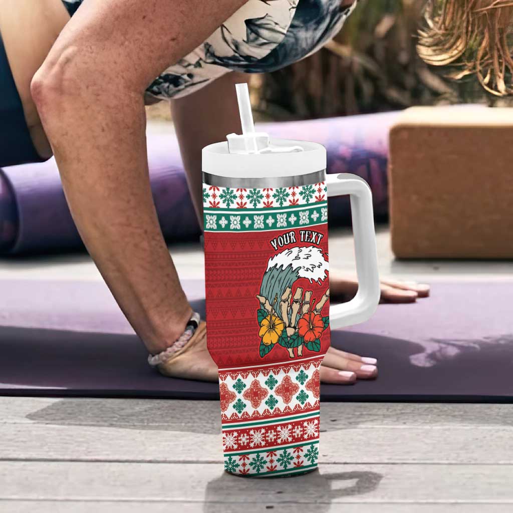 Shaka Sign Skull Mele Kalikimaka Personalized Tumbler With Handle Hawaiian Quilt Pattern - Polynesian Pride