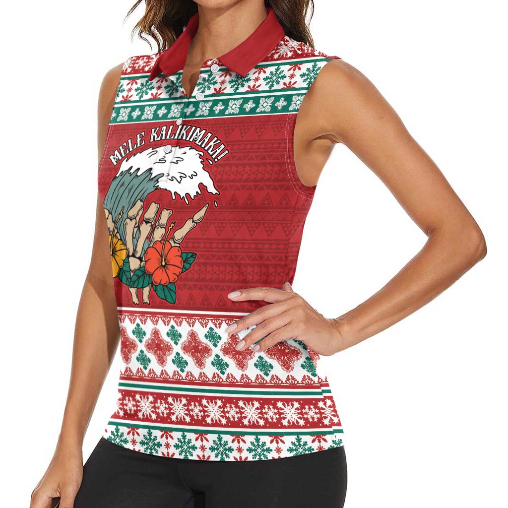 Shaka Sign Skull Mele Kalikimaka Personalized Women Sleeveless Polo Shirt Hawaiian Quilt Pattern - Polynesian Pride