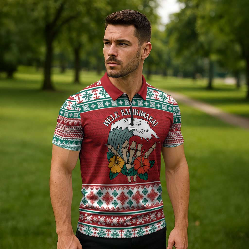 Shaka Sign Skull Mele Kalikimaka Personalized Zipper Polo Shirt Hawaiian Quilt Pattern - Polynesian Pride