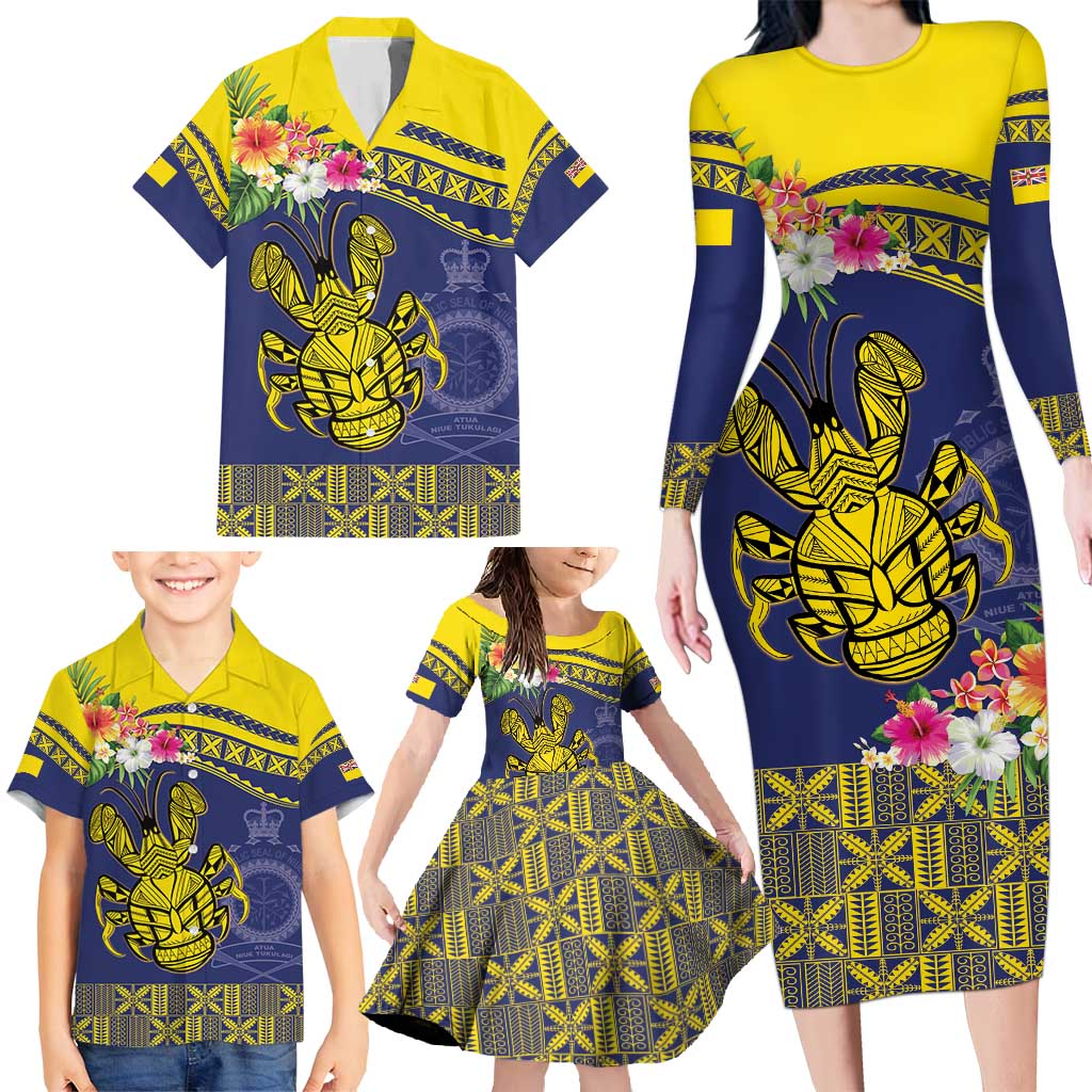 Niue Coconut Crab Family Matching Long Sleeve Bodycon Dress and Hawaiian Shirt Rock of Polynesia LT9 - Polynesian Pride