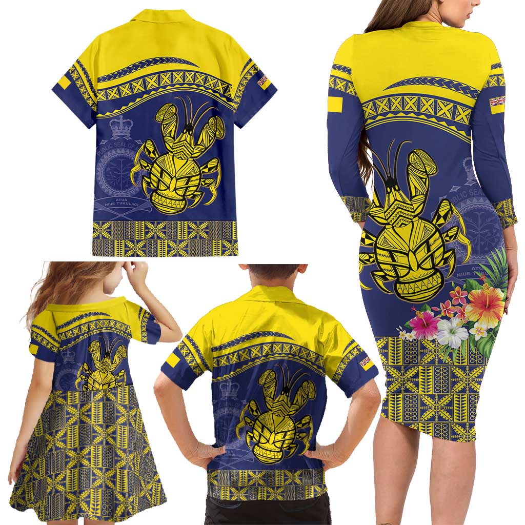 Niue Coconut Crab Family Matching Long Sleeve Bodycon Dress and Hawaiian Shirt Rock of Polynesia LT9 - Polynesian Pride