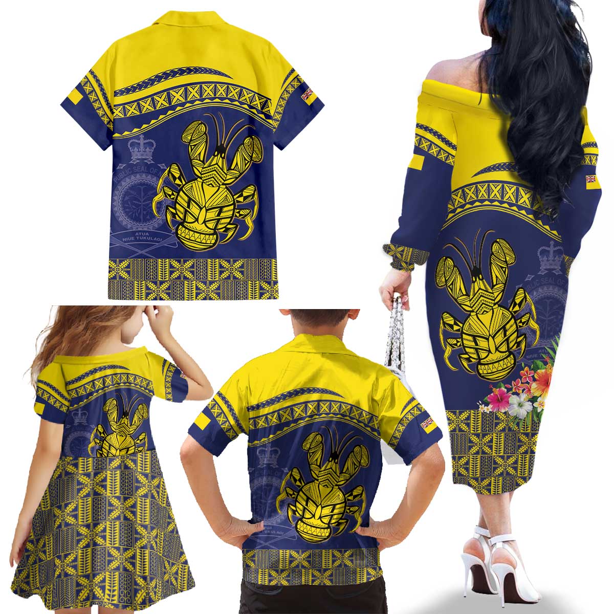 Niue Coconut Crab Family Matching Off The Shoulder Long Sleeve Dress and Hawaiian Shirt Rock of Polynesia LT9 - Polynesian Pride