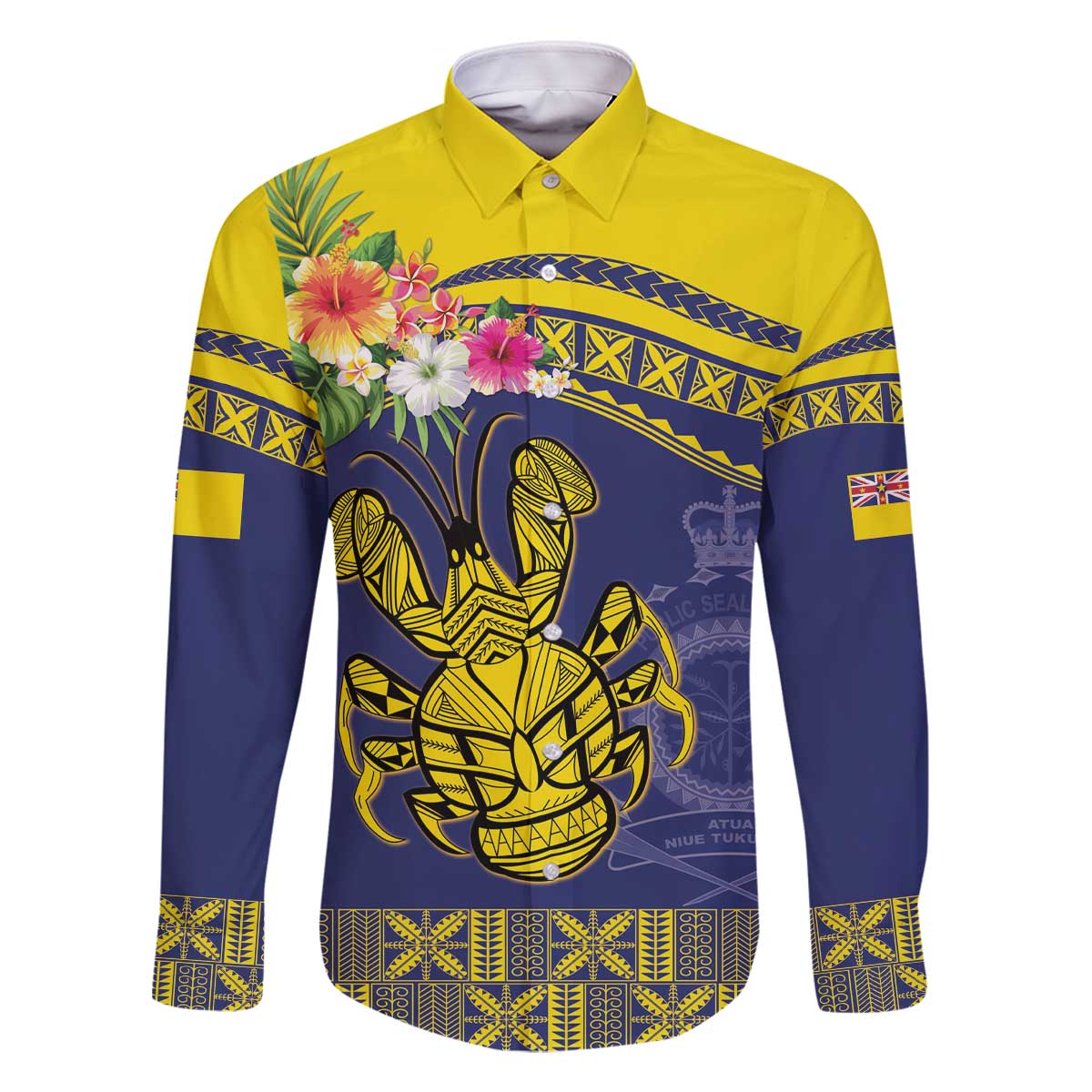 Niue Coconut Crab Family Matching Off The Shoulder Long Sleeve Dress and Hawaiian Shirt Rock of Polynesia LT9 Dad's Shirt - Long Sleeve Gold - Polynesian Pride