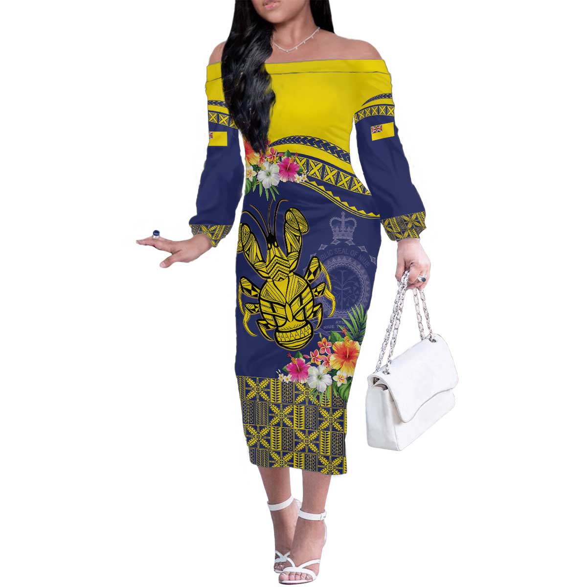 Niue Coconut Crab Family Matching Off The Shoulder Long Sleeve Dress and Hawaiian Shirt Rock of Polynesia LT9 Mom's Dress Gold - Polynesian Pride
