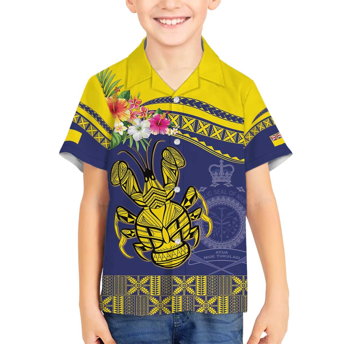 Niue Coconut Crab Family Matching Off The Shoulder Long Sleeve Dress and Hawaiian Shirt Rock of Polynesia LT9 Son's Shirt Gold - Polynesian Pride
