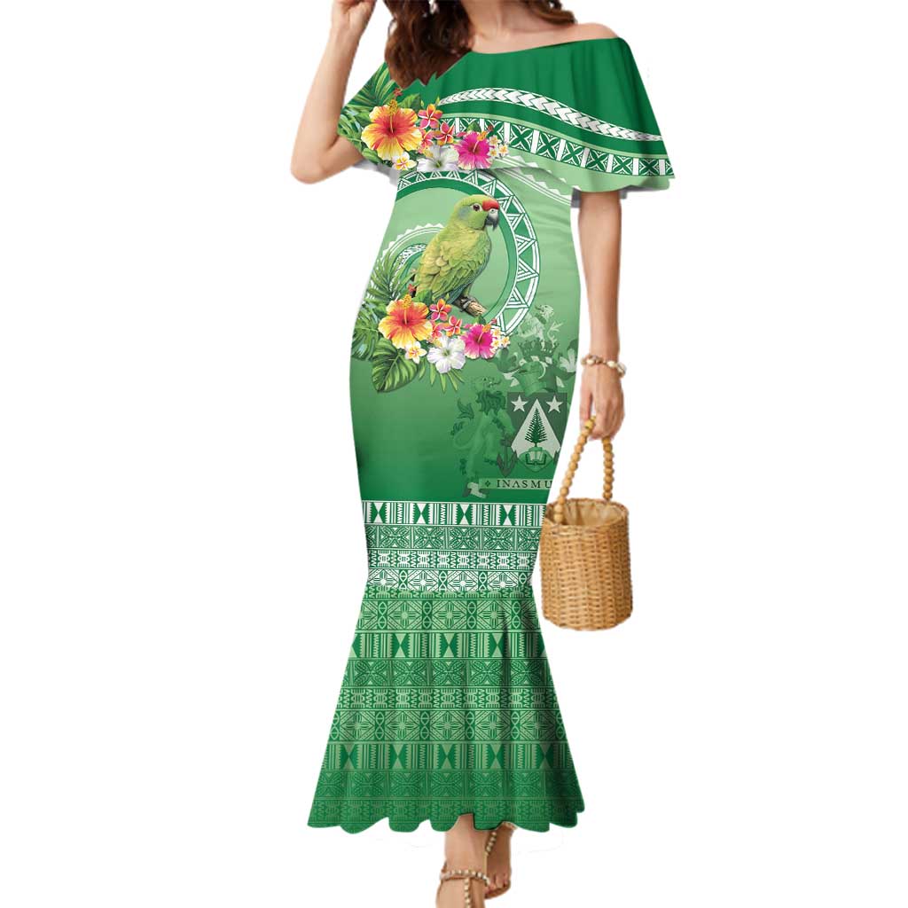 Norfolk Parakeet Tropical Family Matching Mermaid Dress and Hawaiian Shirt Norfolk Island Tribal Pattern LT9 Mom's Dress Green - Polynesian Pride