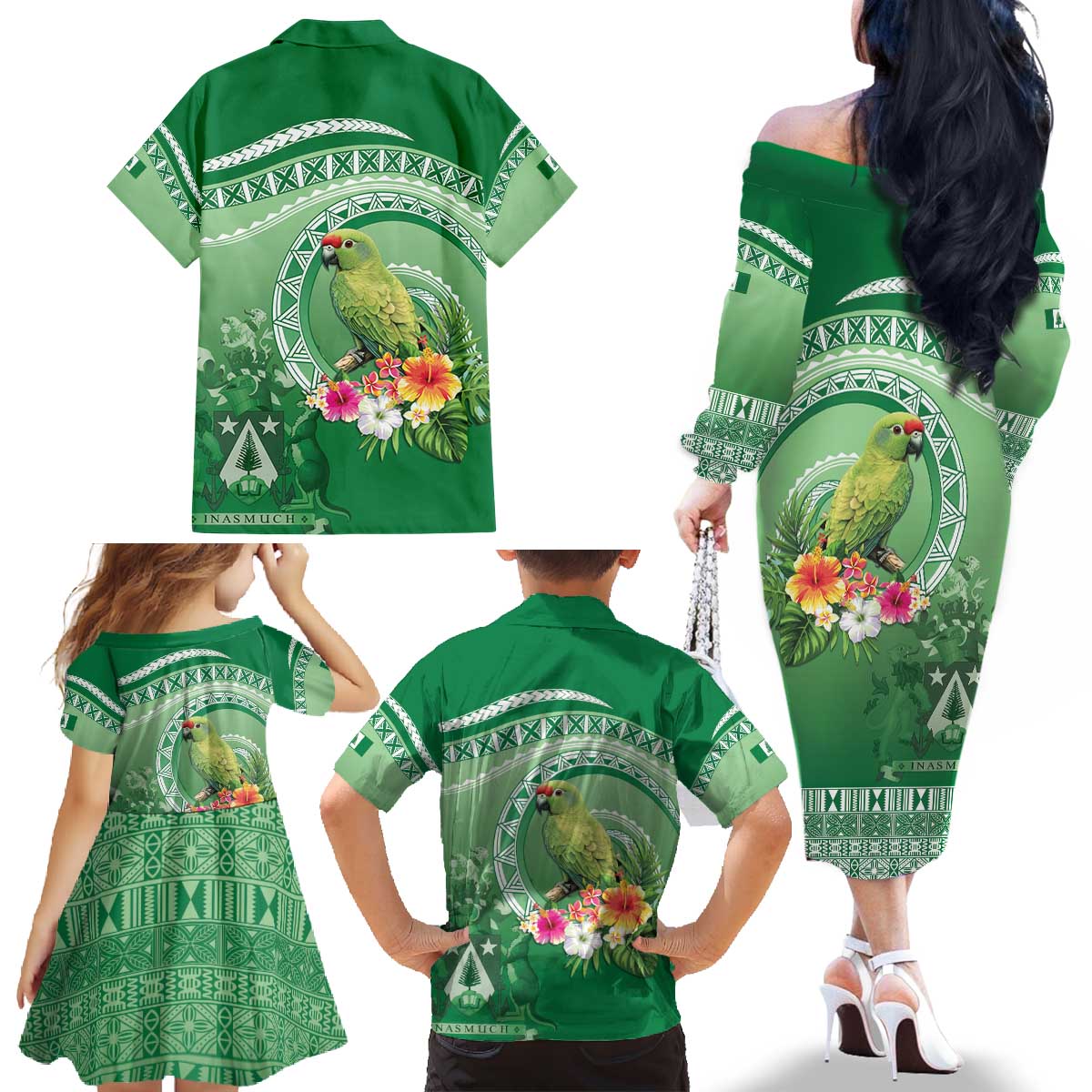 Norfolk Parakeet Tropical Family Matching Off The Shoulder Long Sleeve Dress and Hawaiian Shirt Norfolk Island Tribal Pattern LT9 - Polynesian Pride