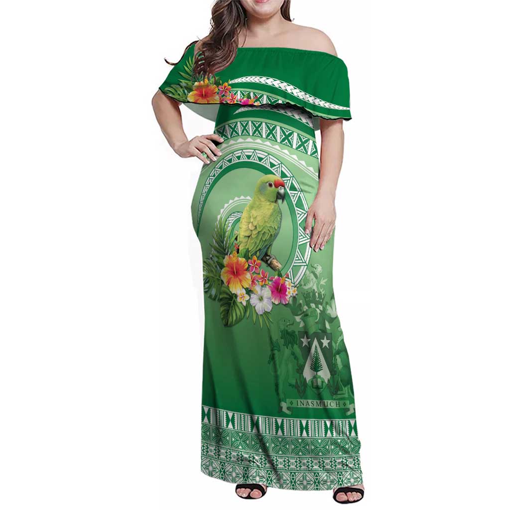 Norfolk Parakeet Tropical Family Matching Off Shoulder Maxi Dress and Hawaiian Shirt Norfolk Island Tribal Pattern LT9 Mom's Dress Green - Polynesian Pride