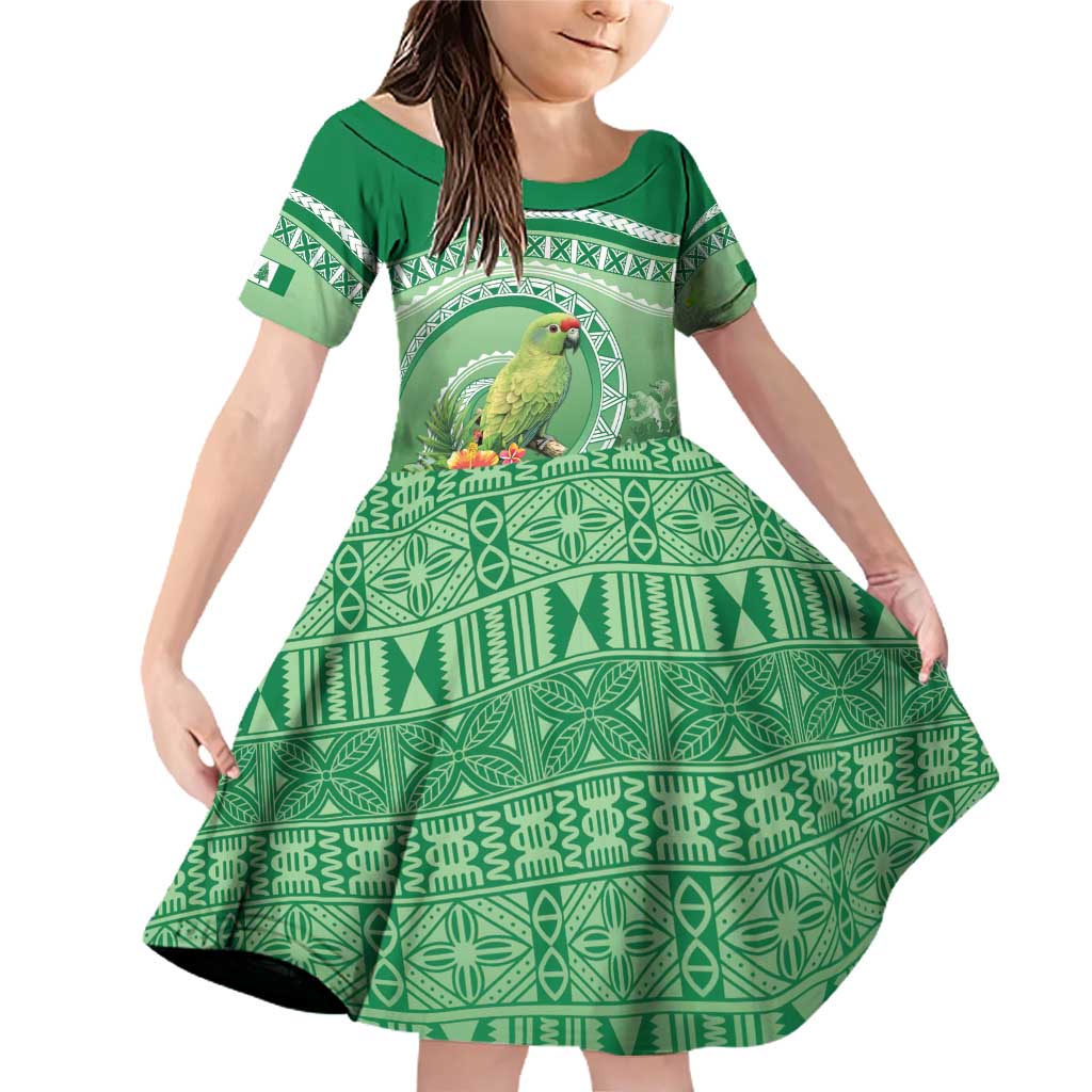 Norfolk Parakeet Tropical Family Matching Off Shoulder Short Dress and Hawaiian Shirt Norfolk Island Tribal Pattern LT9 Daughter's Dress Green - Polynesian Pride