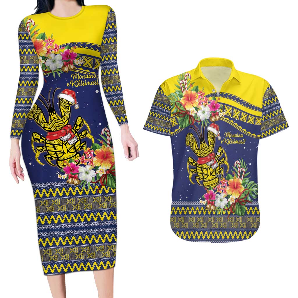 Monuina e Kilisimasi Niue Christmas Couples Matching Long Sleeve Bodycon Dress and Hawaiian Shirt Niuean Tribal Pattern LT9 Gold - Polynesian Pride