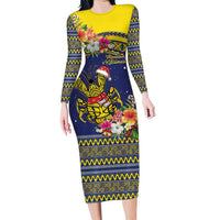 Monuina e Kilisimasi Niue Christmas Family Matching Long Sleeve Bodycon Dress and Hawaiian Shirt Niuean Tribal Pattern LT9 Mom's Dress Gold - Polynesian Pride