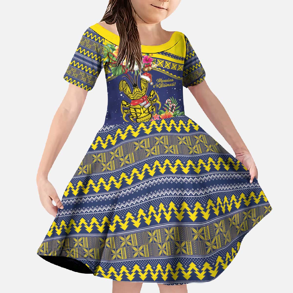 Monuina e Kilisimasi Niue Christmas Family Matching Off The Shoulder Long Sleeve Dress and Hawaiian Shirt Niuean Tribal Pattern LT9 Daughter's Dress Gold - Polynesian Pride