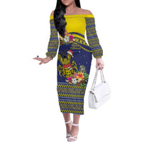 Monuina e Kilisimasi Niue Christmas Family Matching Off The Shoulder Long Sleeve Dress and Hawaiian Shirt Niuean Tribal Pattern LT9 Mom's Dress Gold - Polynesian Pride