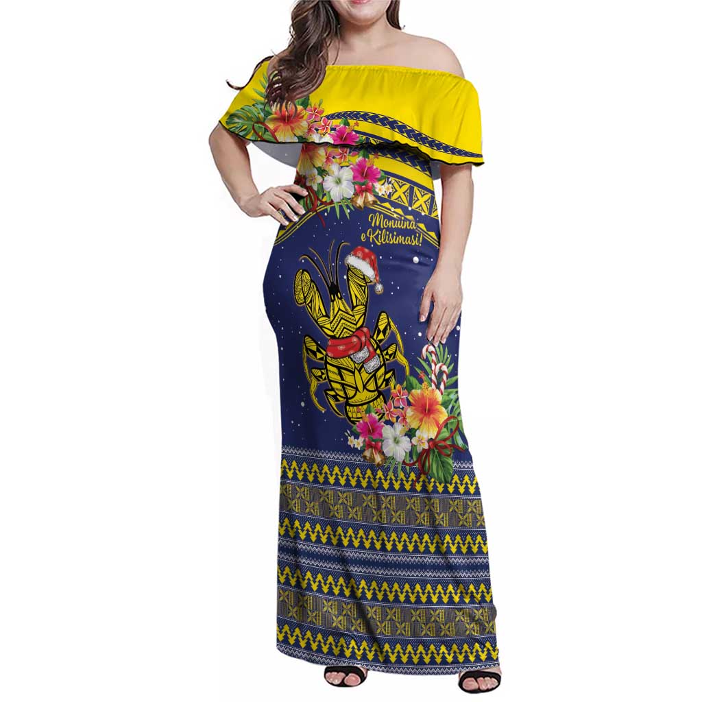 Monuina e Kilisimasi Niue Christmas Family Matching Off Shoulder Maxi Dress and Hawaiian Shirt Niuean Tribal Pattern LT9 Mom's Dress Gold - Polynesian Pride