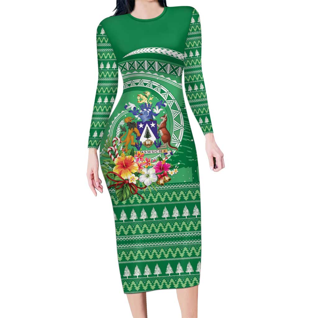 Norfolk Island Pine Tree Christmas Family Matching Long Sleeve Bodycon Dress and Hawaiian Shirt Coat of Arm and Polynesian Pattern LT9 Mom's Dress Green - Polynesian Pride