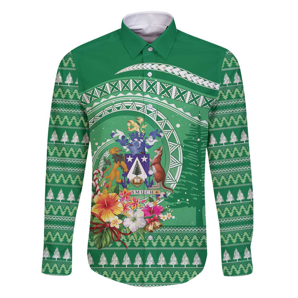 Norfolk Island Pine Tree Christmas Family Matching Mermaid Dress and Hawaiian Shirt Coat of Arm and Polynesian Pattern LT9 Dad's Shirt - Long Sleeve Green - Polynesian Pride