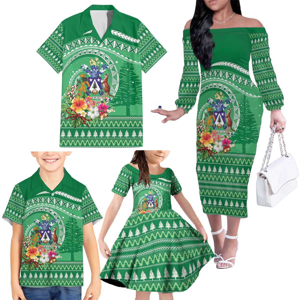 Norfolk Island Pine Tree Christmas Family Matching Off The Shoulder Long Sleeve Dress and Hawaiian Shirt Coat of Arm and Polynesian Pattern LT9 - Polynesian Pride