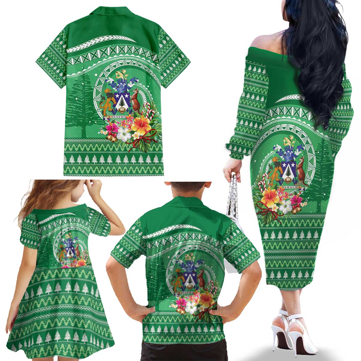 Norfolk Island Pine Tree Christmas Family Matching Off The Shoulder Long Sleeve Dress and Hawaiian Shirt Coat of Arm and Polynesian Pattern LT9 - Polynesian Pride