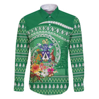Norfolk Island Pine Tree Christmas Family Matching Off The Shoulder Long Sleeve Dress and Hawaiian Shirt Coat of Arm and Polynesian Pattern LT9 Dad's Shirt - Long Sleeve Green - Polynesian Pride