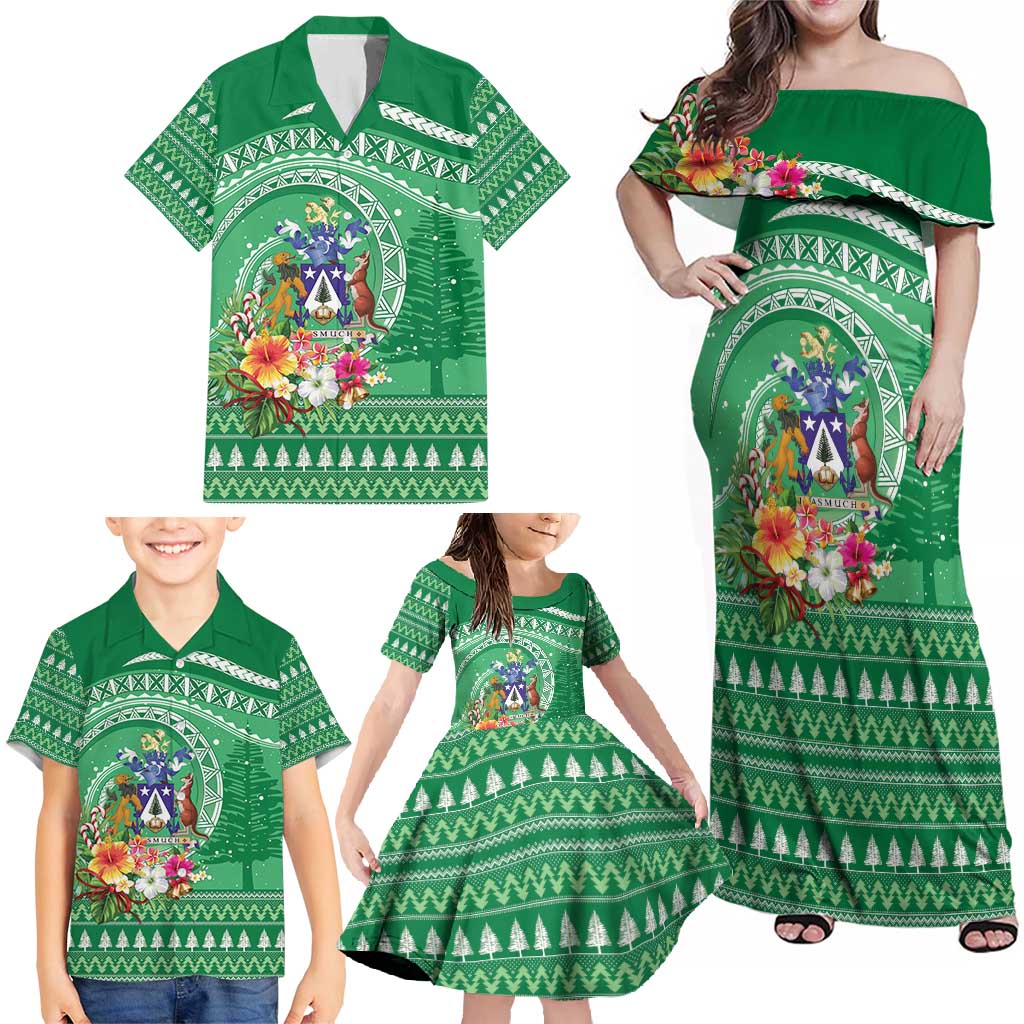 Norfolk Island Pine Tree Christmas Family Matching Off Shoulder Maxi Dress and Hawaiian Shirt Coat of Arm and Polynesian Pattern LT9 - Polynesian Pride