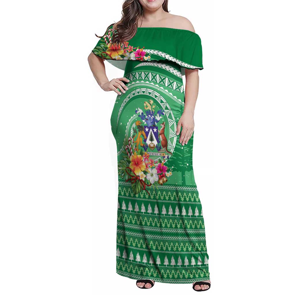 Norfolk Island Pine Tree Christmas Family Matching Off Shoulder Maxi Dress and Hawaiian Shirt Coat of Arm and Polynesian Pattern LT9 Mom's Dress Green - Polynesian Pride
