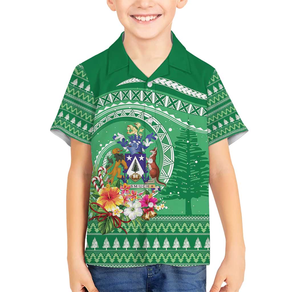 Norfolk Island Pine Tree Christmas Family Matching Off Shoulder Maxi Dress and Hawaiian Shirt Coat of Arm and Polynesian Pattern LT9 Son's Shirt Green - Polynesian Pride