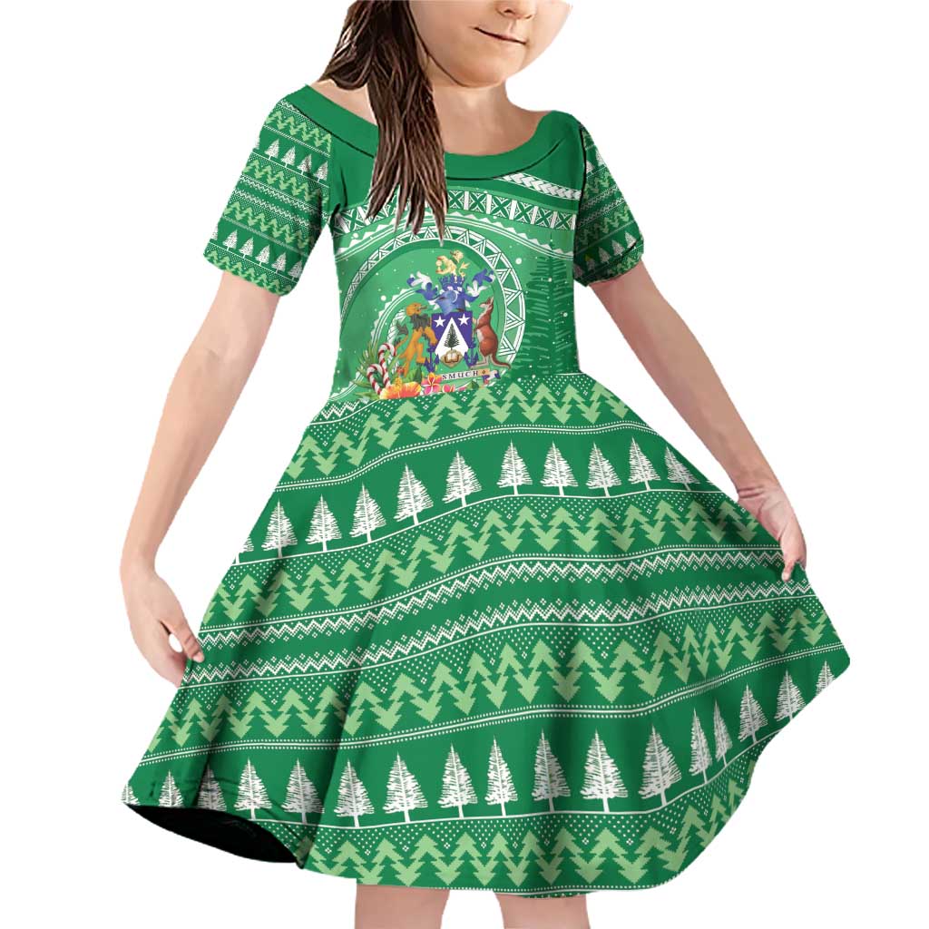 Norfolk Island Pine Tree Christmas Family Matching Off Shoulder Short Dress and Hawaiian Shirt Coat of Arm and Polynesian Pattern LT9 Daughter's Dress Green - Polynesian Pride