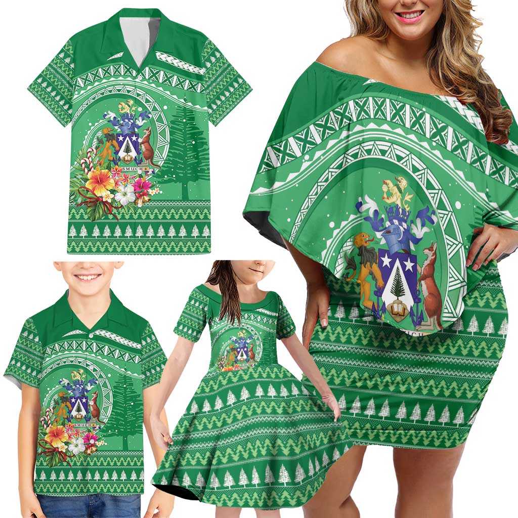 Norfolk Island Pine Tree Christmas Family Matching Off Shoulder Short Dress and Hawaiian Shirt Coat of Arm and Polynesian Pattern LT9 - Polynesian Pride