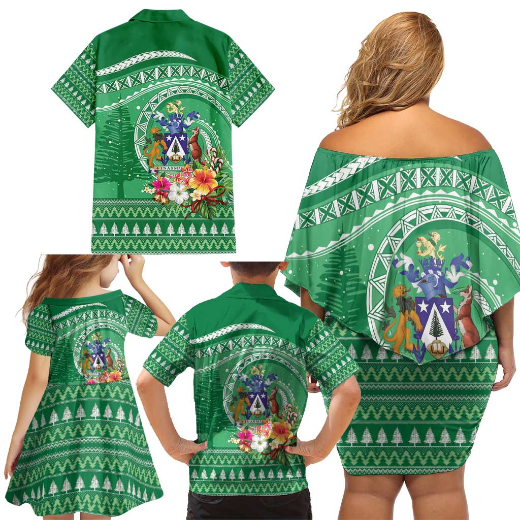 Norfolk Island Pine Tree Christmas Family Matching Off Shoulder Short Dress and Hawaiian Shirt Coat of Arm and Polynesian Pattern LT9 - Polynesian Pride