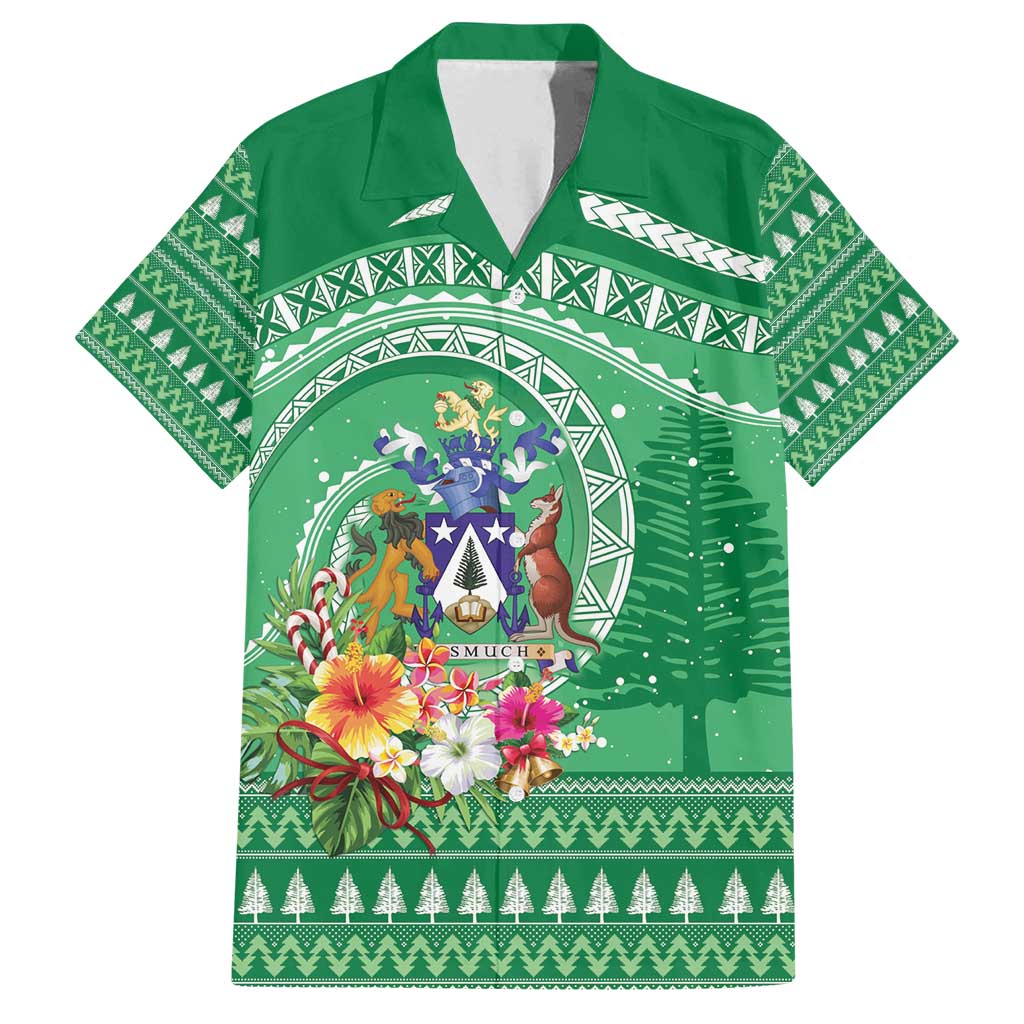 Norfolk Island Pine Tree Christmas Family Matching Off Shoulder Short Dress and Hawaiian Shirt Coat of Arm and Polynesian Pattern LT9 Dad's Shirt - Short Sleeve Green - Polynesian Pride