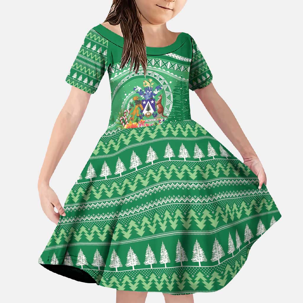 Norfolk Island Pine Tree Christmas Family Matching Summer Maxi Dress and Hawaiian Shirt Coat of Arm and Polynesian Pattern LT9 Daughter's Dress Green - Polynesian Pride