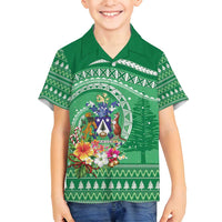 Norfolk Island Pine Tree Christmas Family Matching Tank Maxi Dress and Hawaiian Shirt Coat of Arm and Polynesian Pattern LT9 Son's Shirt Green - Polynesian Pride
