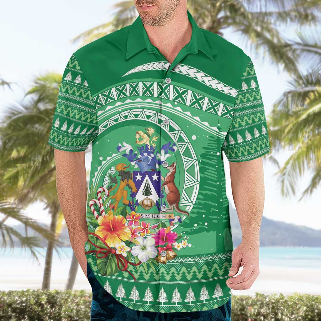 Norfolk Island Pine Tree Christmas Hawaiian Shirt Coat of Arm and Polynesian Pattern