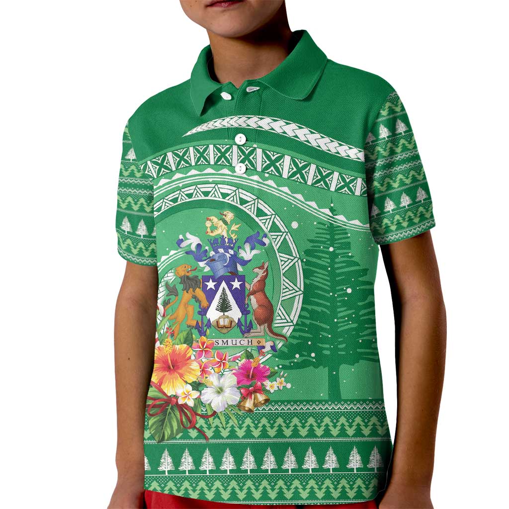 Norfolk Island Pine Tree Christmas Kid Polo Shirt Coat of Arm and Polynesian Pattern LT9 Kid Green - Polynesian Pride