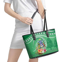 Norfolk Island Pine Tree Christmas Leather Tote Bag Coat of Arm and Polynesian Pattern