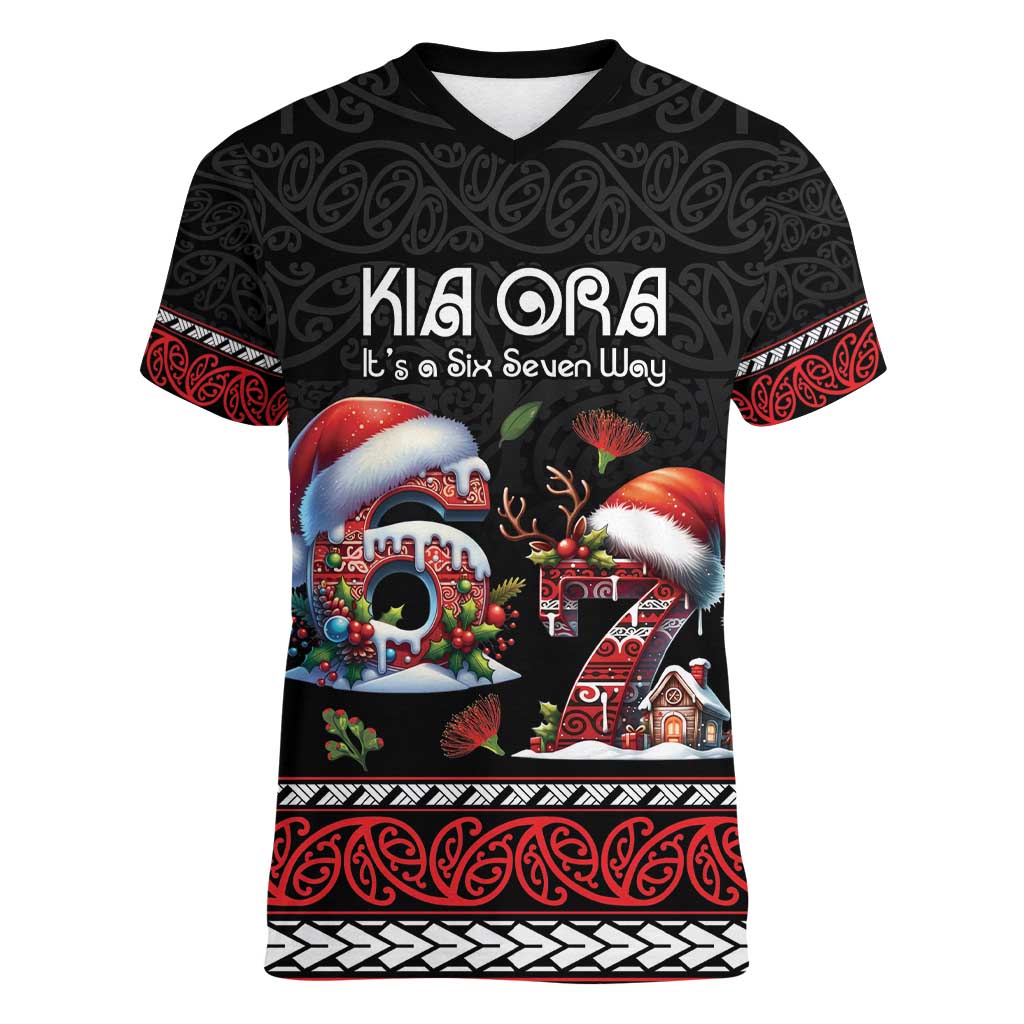 Aotearoa Six Seven Personalized Women V-Neck T-Shirt New Zealand Funny Christmas - Polynesian Pride