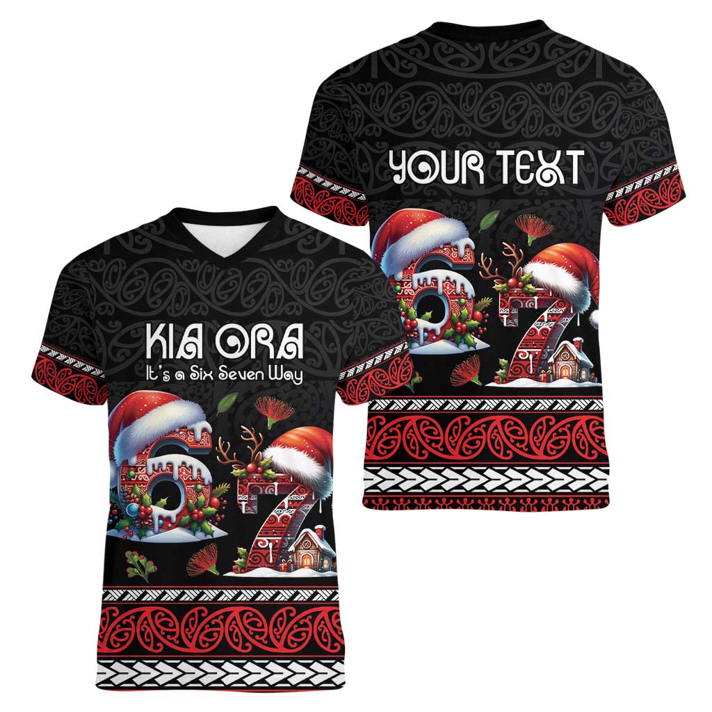 Aotearoa Six Seven Personalized Women V-Neck T-Shirt New Zealand Funny Christmas - Polynesian Pride